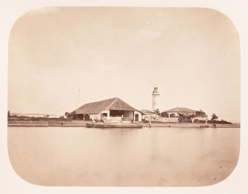 View of the Batavia lighthouse and other buildings, Batavia (now Jakarta), Dutch East Indies (now Indonesia)
