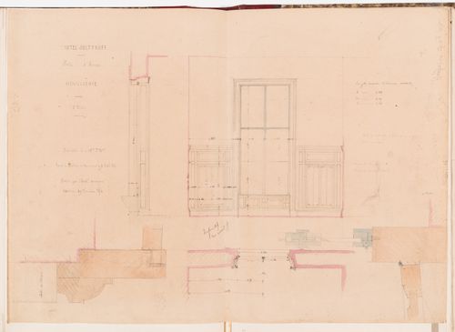 Plan, section, elevation and full-scale joinery details for a window and a wall for the "salle d'armes" on the second floor, Hôtel Soltykoff