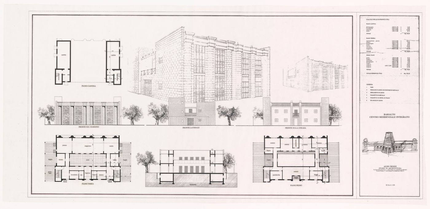 Perspective, elevations, section, and plans for Centro residenziale integrato, Casamassima, Italy