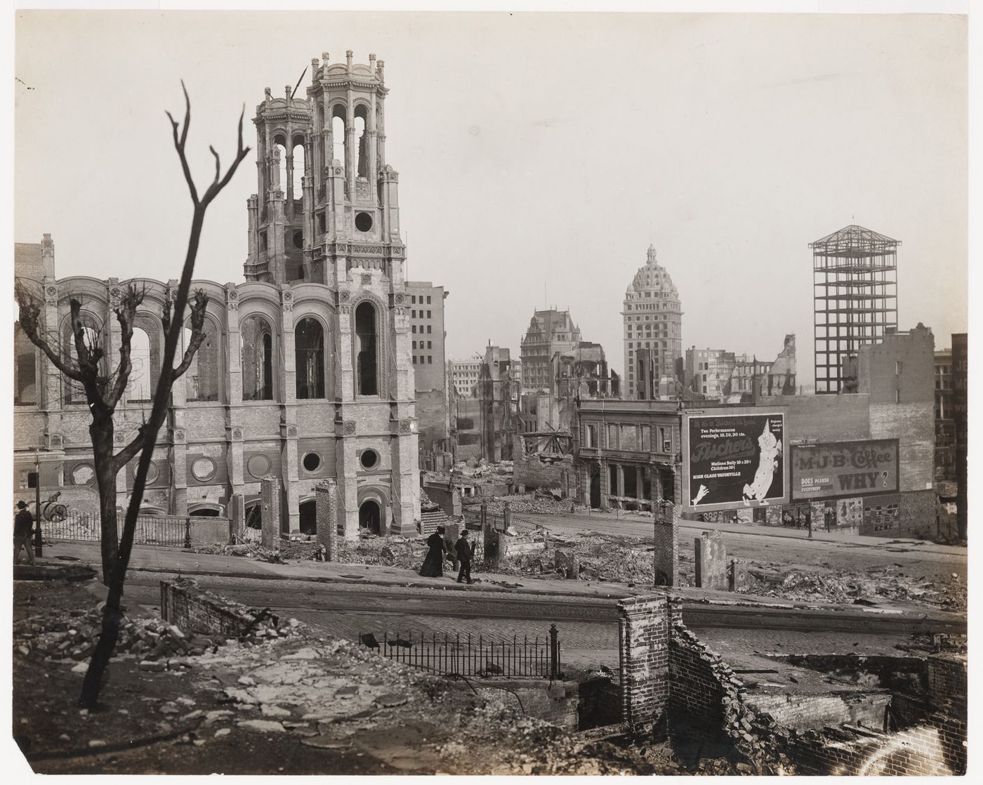 General view of the aftermath of the 1906 earthquake and fire, looking toward Temple Emanu-El at Powell and Bush streets, San Francisco, California