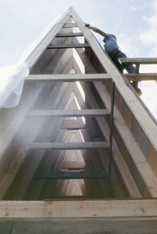Vue des travaux de construction, Maison du docteur Simon Richer, Nominingue, Québec, Canada
