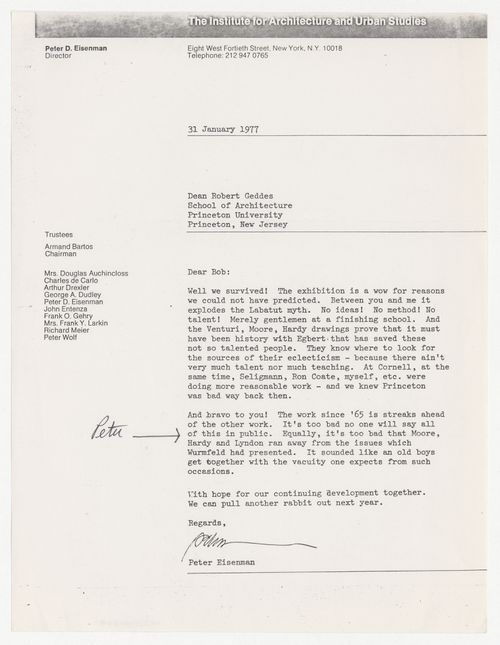 Letter from Peter D. Eisenman to Robert Geddes about an exhibition