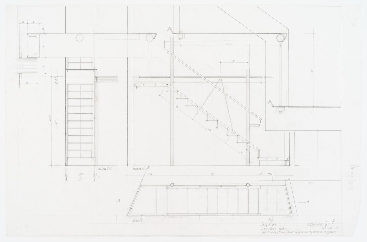 Section and detail of stairs on entrance floor for Casa Righi, Milan, Italy