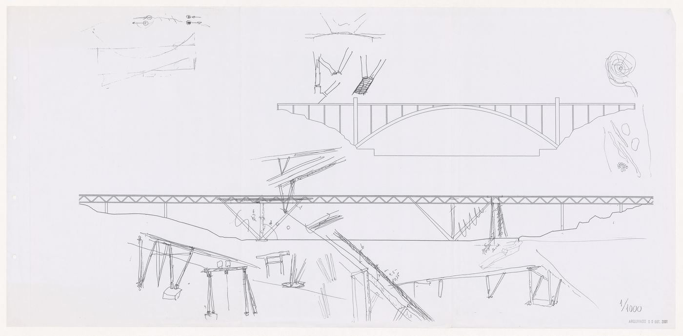 Elevations and sketches for Pólo III da Universidade do Porto e Nova ponte sobre o rio Douro [Bridge over the Douro river], Porto, Portugal
