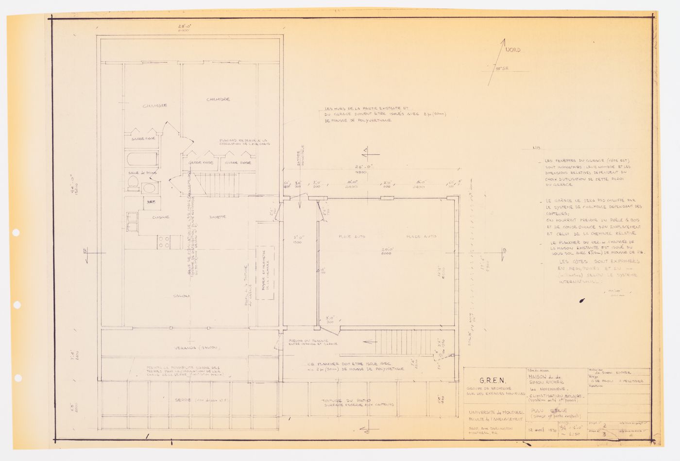 Climatisation solaire "système passif et actif" : plan étage (garage et partie existante), Maison du docteur Simon Richer, Nominingue, Québec, Canada