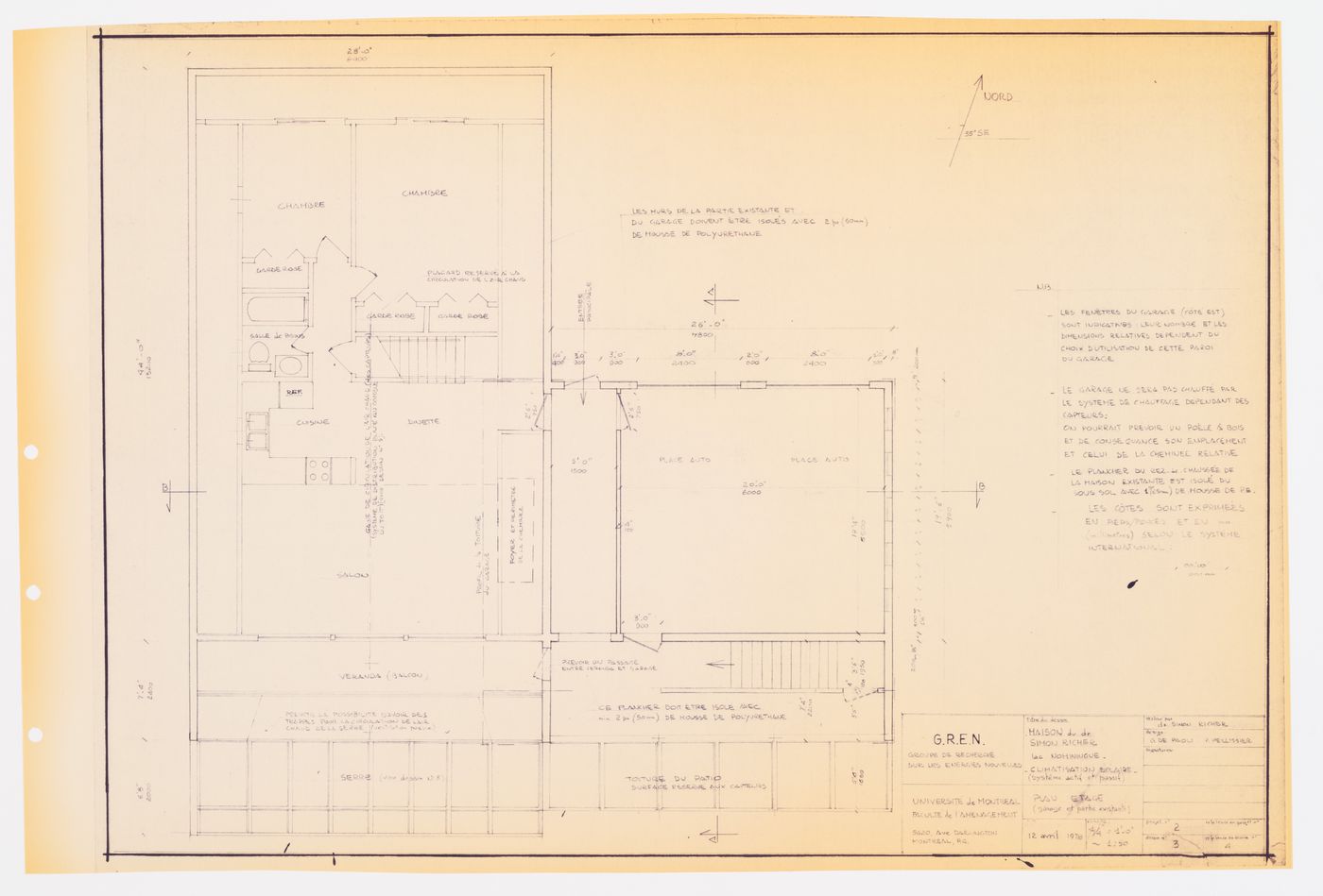 Climatisation solaire "système passif et actif" : plan étage (garage et partie existante), Maison du docteur Simon Richer, Nominingue, Québec, Canada