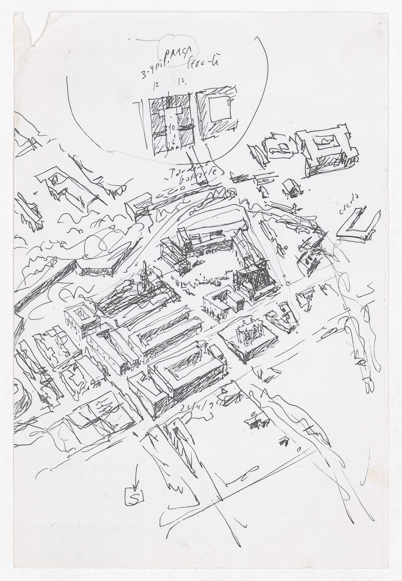 Sketch aerial view with detail for Plano de Pormenor do Rossio de São Brás, Évora, Portugal