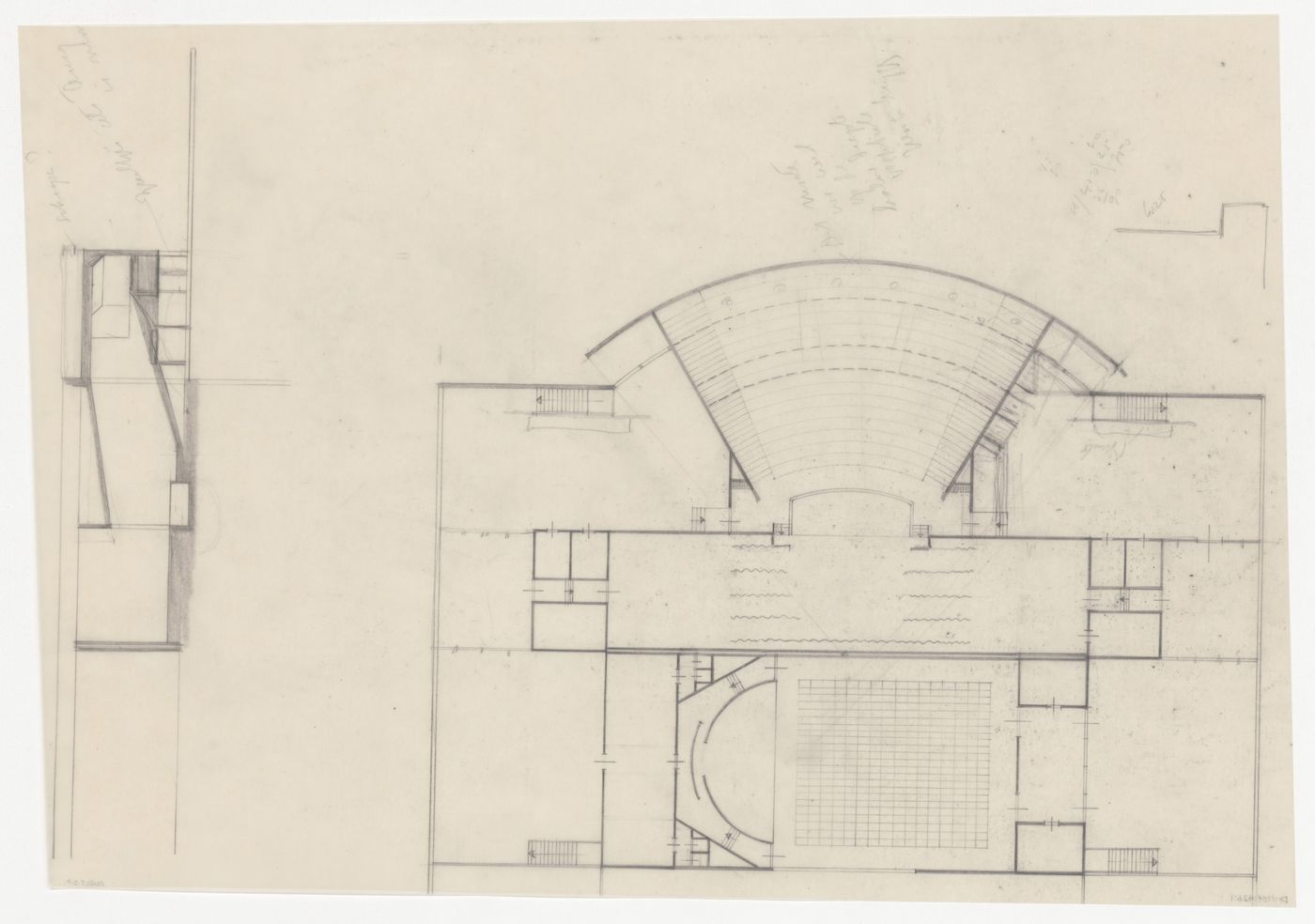 Plan and section for an auditorium for the north pavilion for the Congress Hall Complex, The Hague, Netherlands