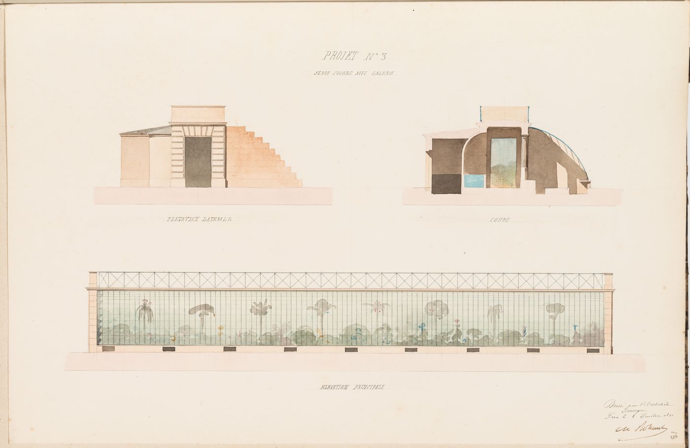 Principal and side elevations, and cross section for a "serre chaude" with a curved glass roof and a gallery for Monsieur Fauquet-Lemaitre