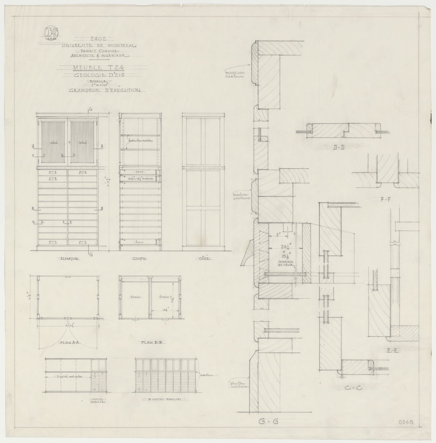 Détails d'un meuble pour le département de géologie, Pavillon principal et campus, Université de Montréal, Montréal, Canada (1924-1947