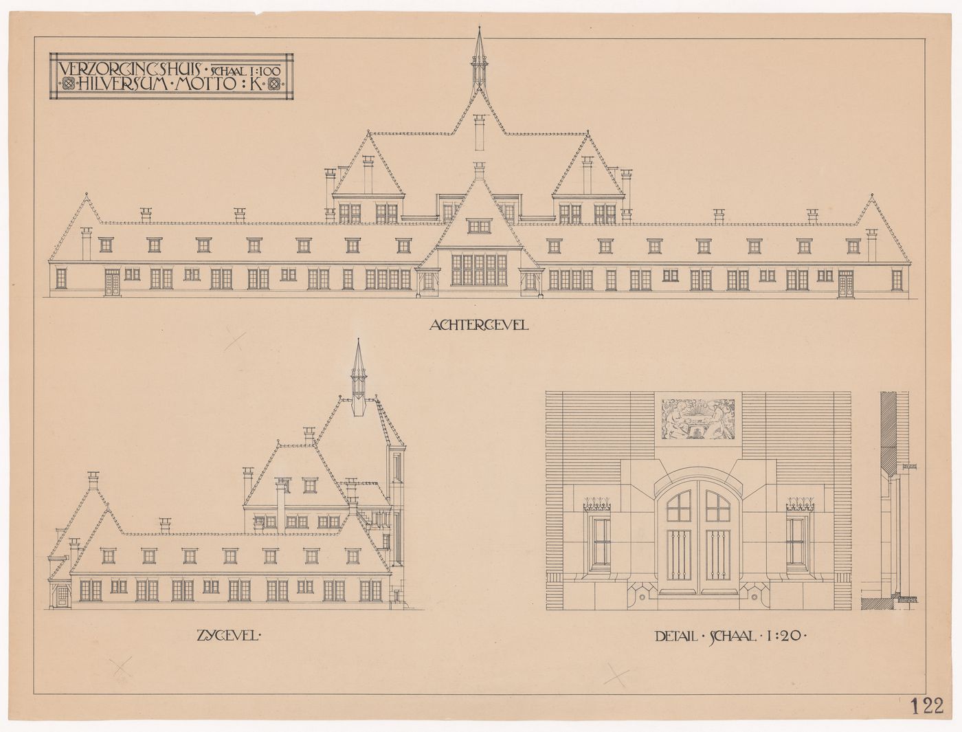 Competition drawing showing rear and lateral elevations and partial elevation for a doorway for a retirement home, Hilversum, Netherlands