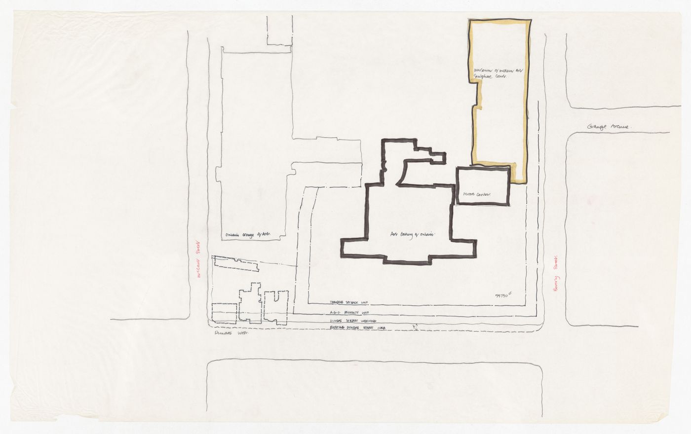 Sketch site plan for Henry Moore Sculpture Centre, Art Gallery of Ontario, Stage I Expansion, Toronto