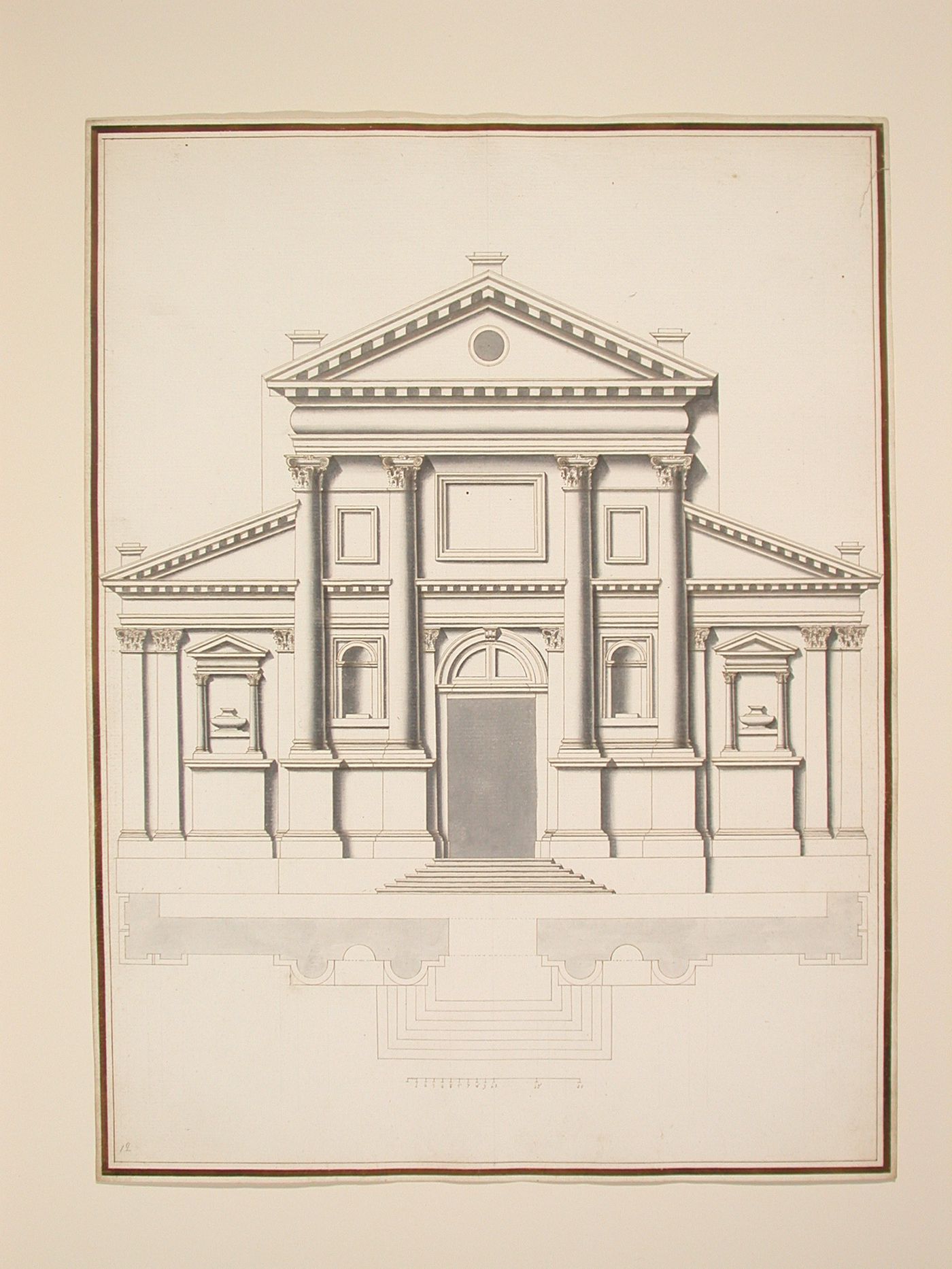 Plan and elevation of the facade of a church