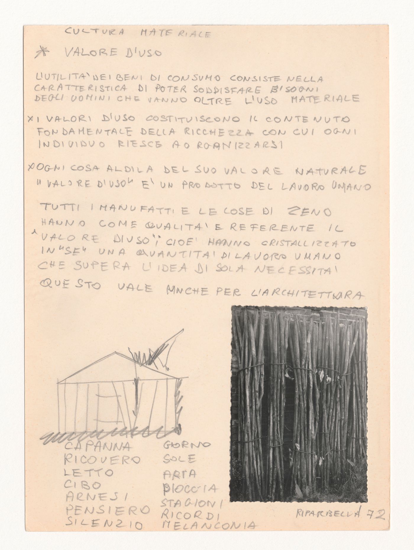 Notes with sketch and photograph for Zeno, une cultura autosufficiente [Zeno, a self-sufficient culture]