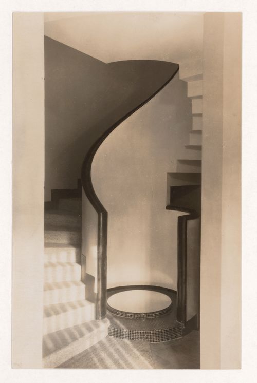Interior view showing the entry staircase of Jan and Joel Martel's home and studio, Mallet-Stevens road in the 16th arrondissement, Paris, France