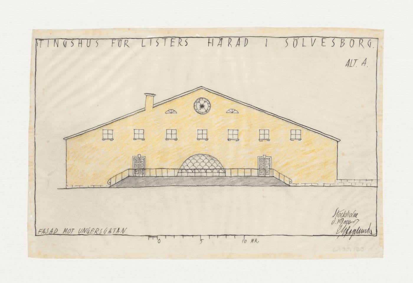 Elevation for the principal façade for Lister härads tingshus, Sölvesborg, Sweden