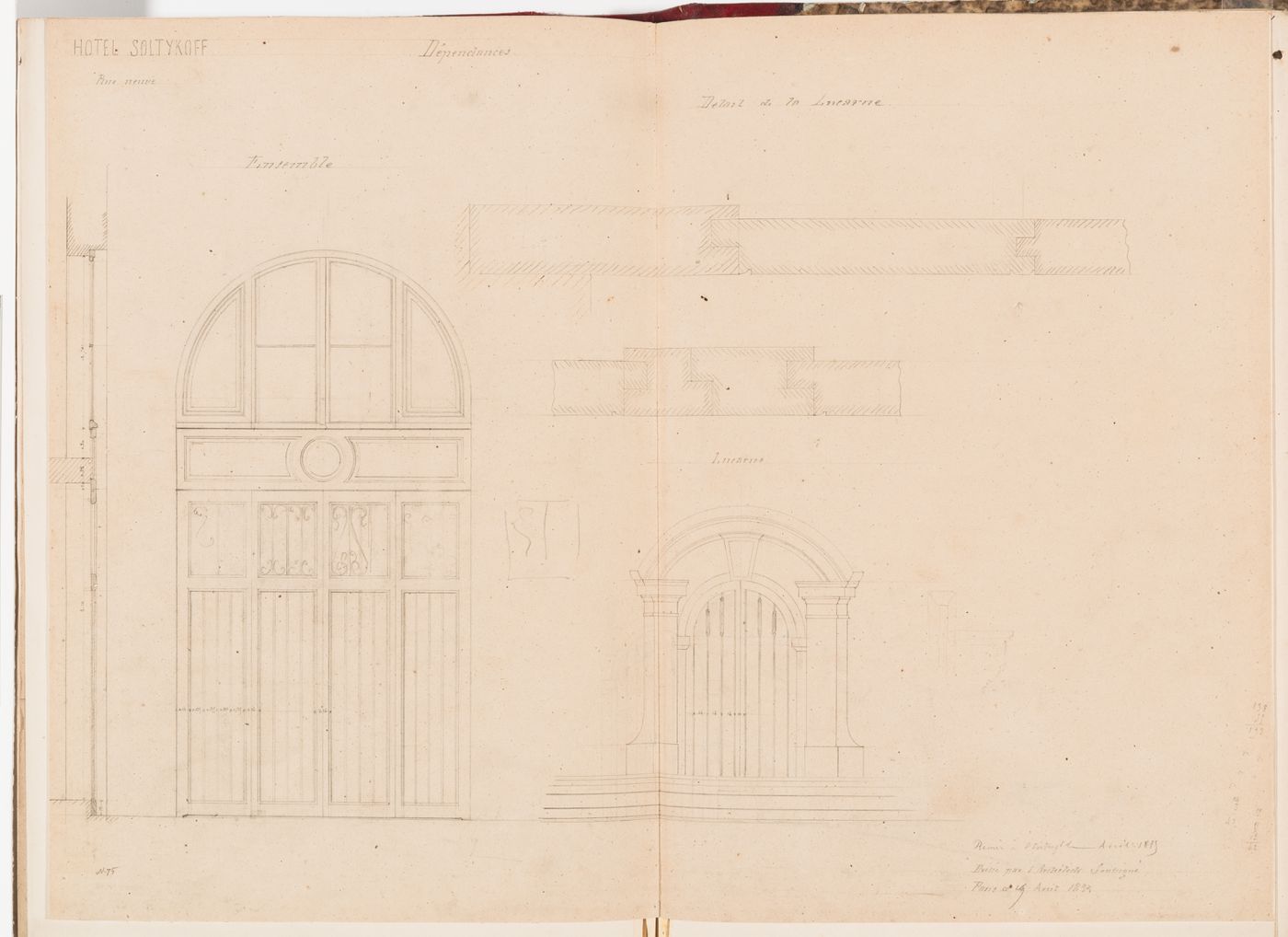 Elevation and wall section for a door and window, and joinery details for a dormer window, both for the outbuilding, Hôtel Soltykoff