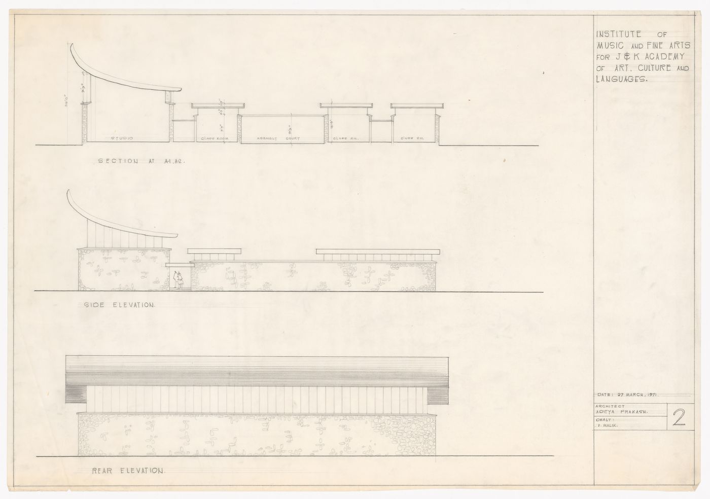 Institute of Music and Fine Arts elevations and section for J&K Academy of Art, Culture and Languages, Jammu, India