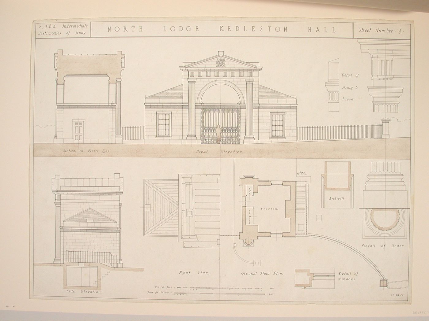 Testimony of study drawing showing plans, elevation, section and details of the North Lodge, Kedleston Hall
