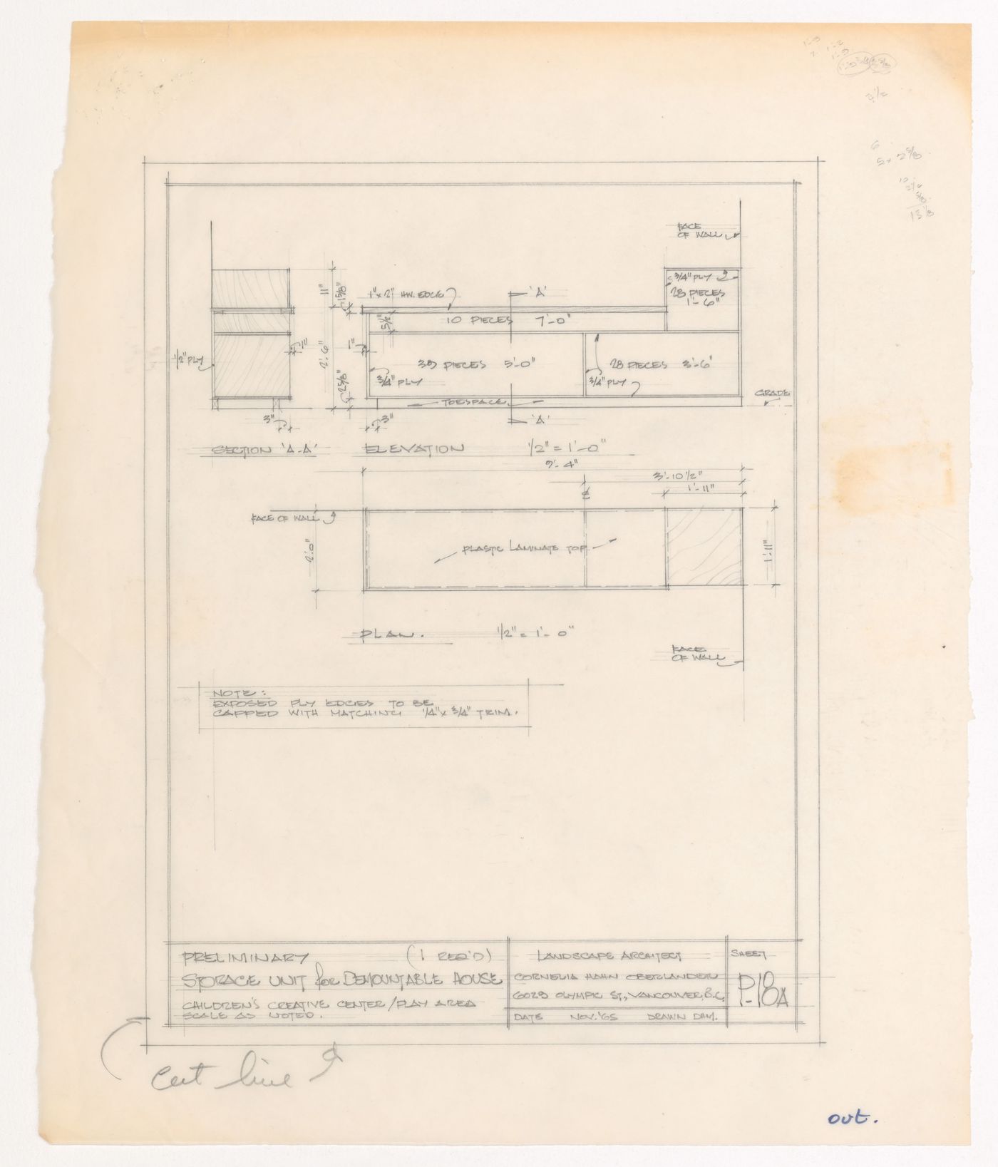 Preliminary plan, section, and elevation for storage unit for demountable house for Children's Creative Centre Playground, Canadian Federal Pavilion, Expo '67, Montréal, Québec