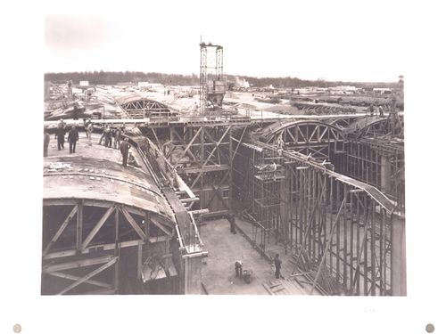 View of a building under construction from above, United Aircraft Corporation Missouri division Assembly Plant, Kansas City, Montana