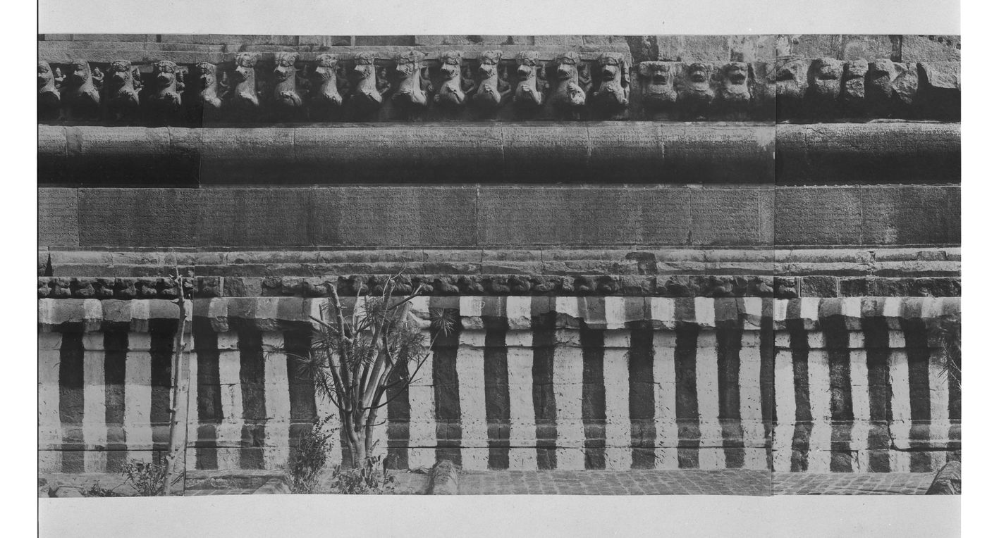 Partial view of the inscription panel at the base of the bimanum [sanctuary], Pirakatisvarar Tirukkoyil (also known as the Brihadisvara or Rajarajesvara Temple), Tanjore (now Thanjuvar), India