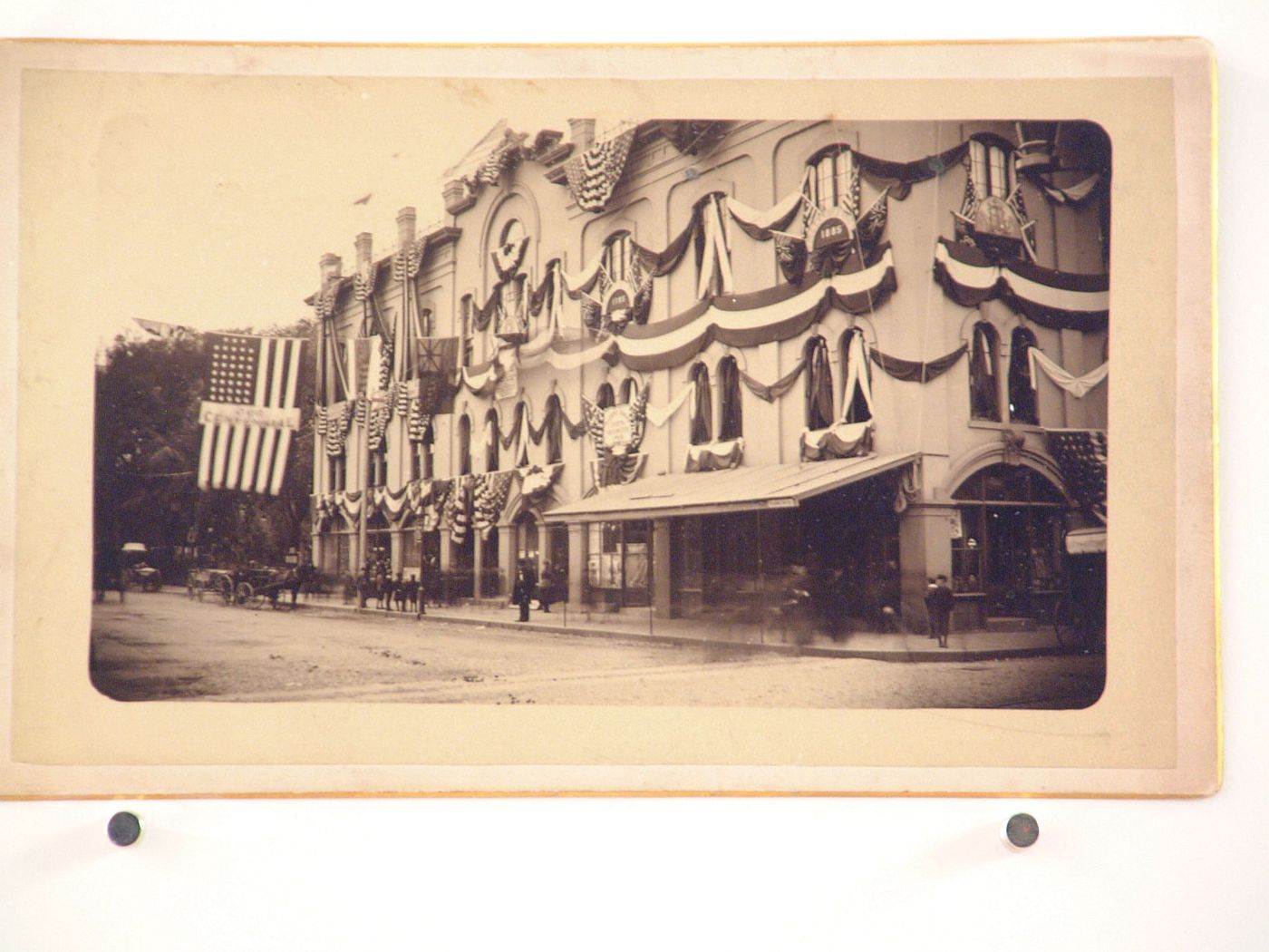 Hawthorne Hotel decorated for a military centennial 1885, Salem, Massachusetts