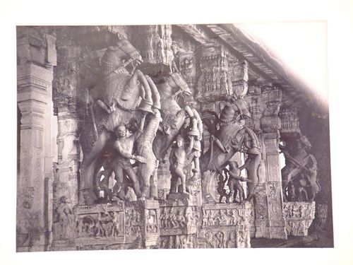 Partial view of façade of the Sheshagiriayar Mandapa shrine showing sculpted columns, Srirangam Temple (also known as the Sri Ranaganath Temple), Seringham (now Srirangam), India