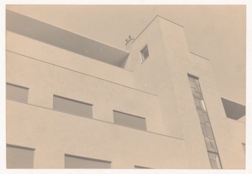 Partial view from below of top floors of the exterior of the Reifenberg hôtel particulier, Mallet-Stevens road in the 16th arrondissement, Paris, France