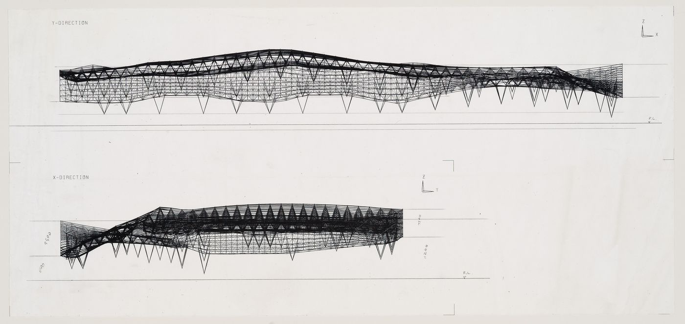 Computer-generated images showing deformation of roof, Odawara Municipal Sports Complex, Odawara, Kanagawa, Japan