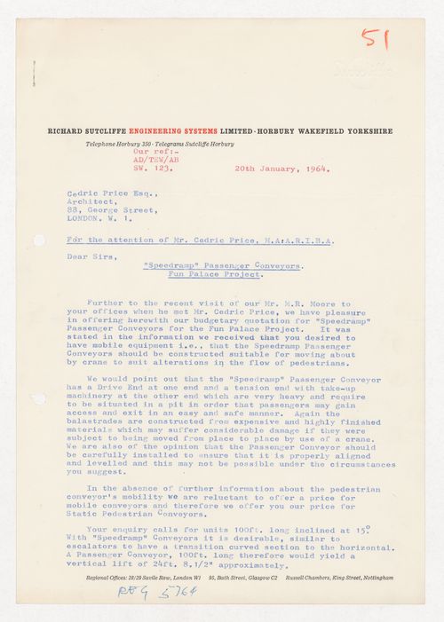 Letter from Richard Sutcliffe Engineering Systems Limited to Cedric Price