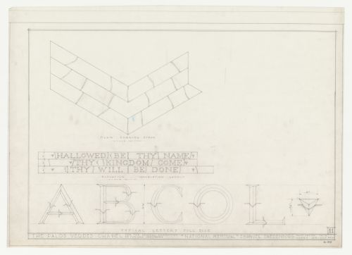 Wayfarers' Chapel, Palos Verdes, California: Plan for chancel steps with elevation showing inscription on the steps and with full size examples for lettering