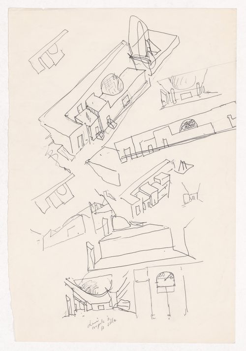 Sketch perspectives, elevation, and axonometric views for Casa Aníbal Guimarães da Costa, Trofa, Portugal