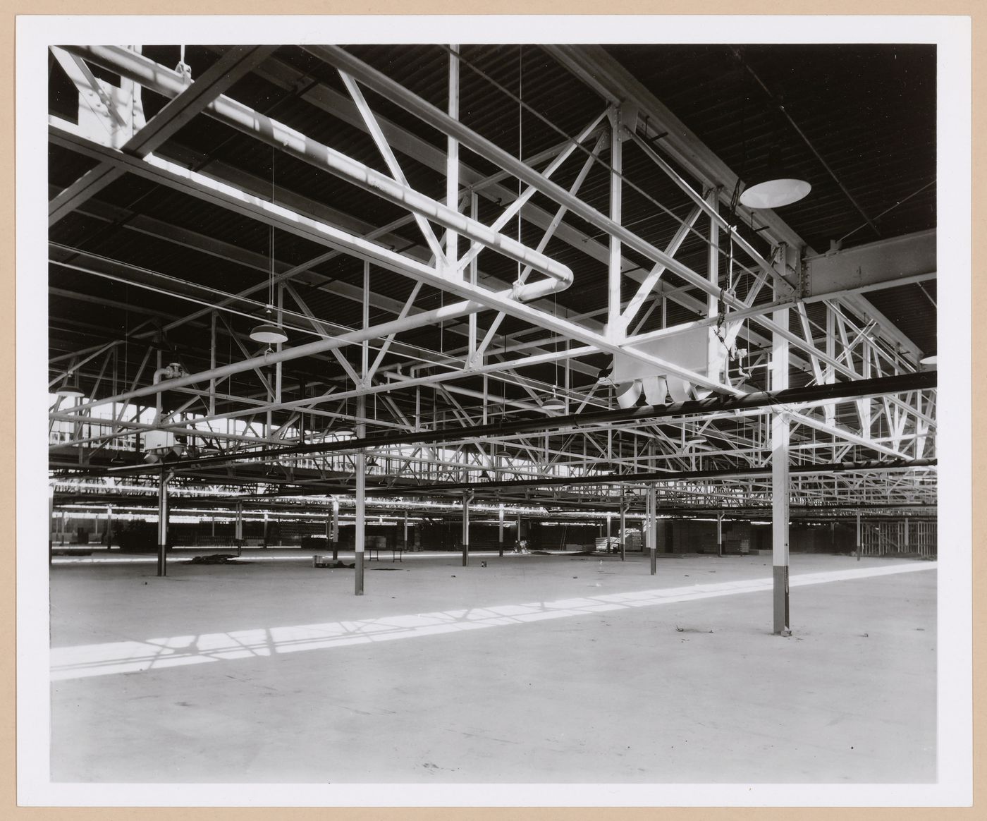 Interior view of a warehouse under construction, Chrysler Corporation Automobile Assembly Plant [?], Marysville, Michigan