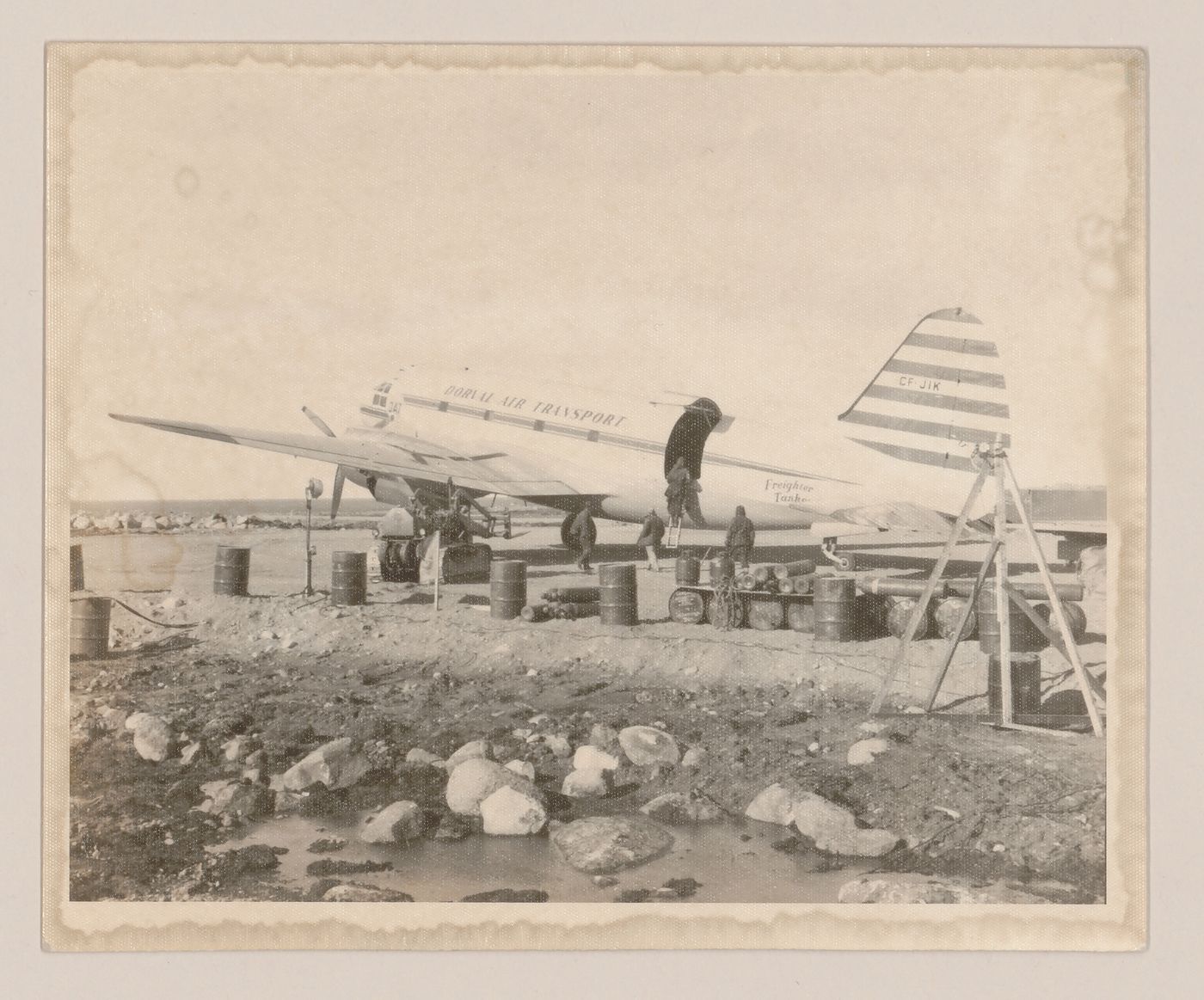 View of Dorval Air Transport plane at DEW Line radar station BAR-Main, Kaktovik, Alaska, United States