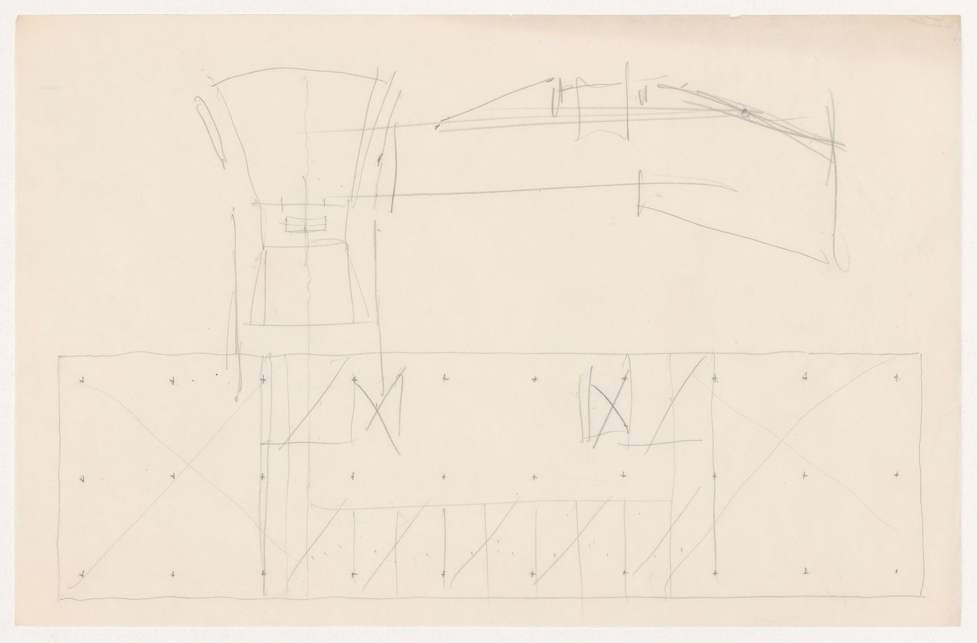Sketch plan and sketch cross section for an auditorium and connected building for Illinois Institute of Technology
