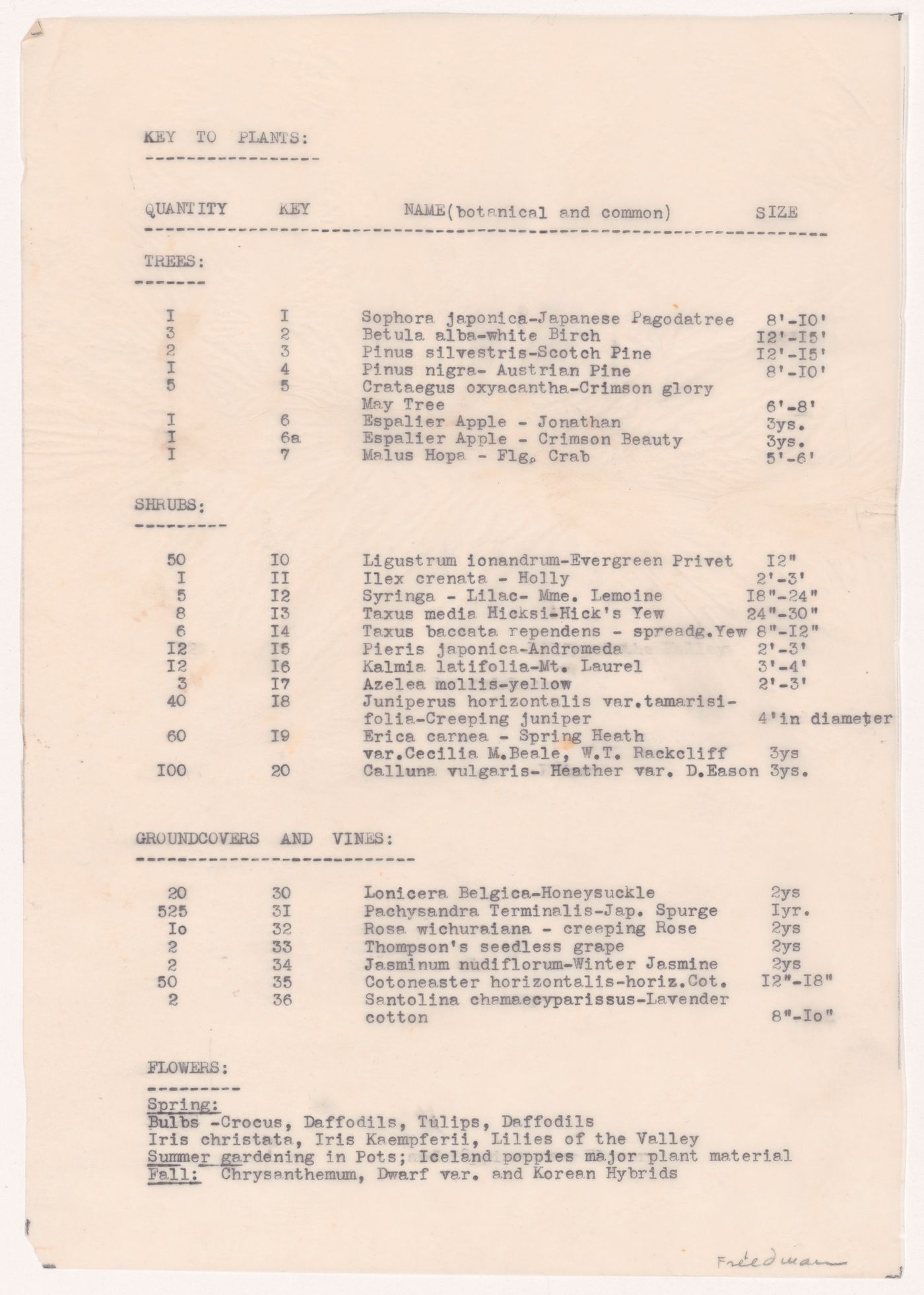 List of plants for garden for Dr. and Mrs. S. Friedman House, Vancouver, British Columbia