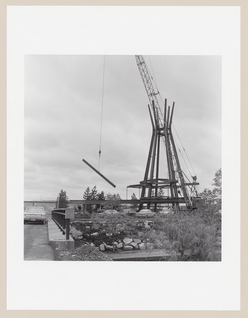View of "Indians of Canada Pavilion" under construction, Expo 67, Montréal, Québec, Canada