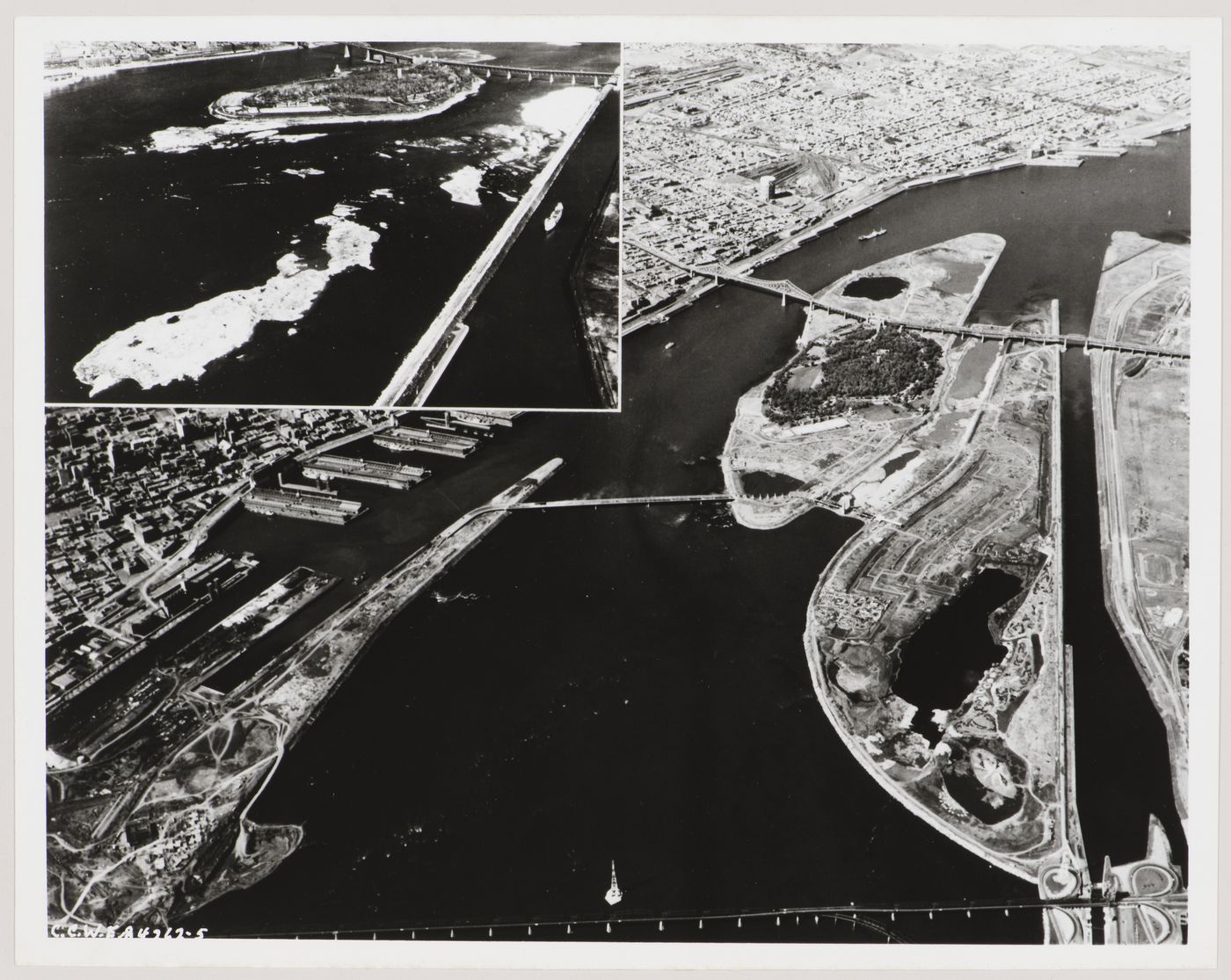 Aerial views of the Île Sainte-Hélène and Île Notre-Dame sites prior and after their enlargement, Expo 67, Montréal, Québec
