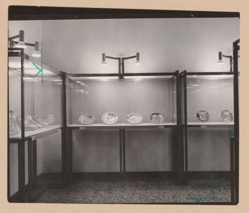 Interior view of a gallery showing display case containing painted dishes, Museo Correr, Venice, Italy