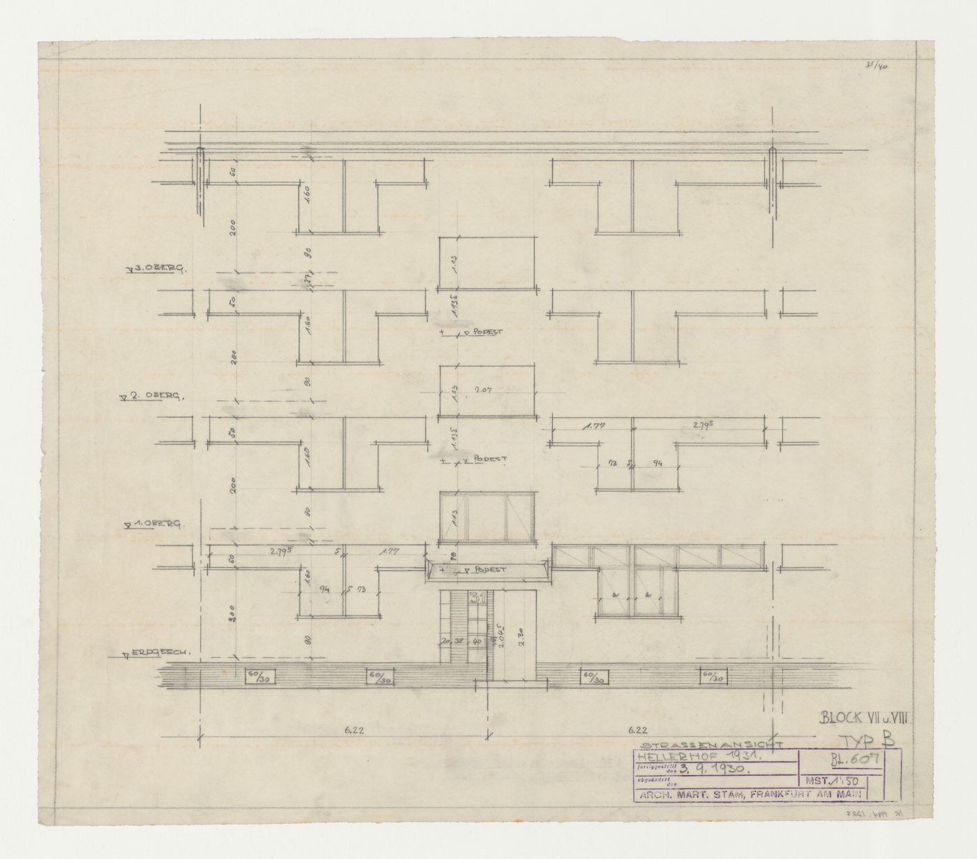 Street elevation for type B housing units, Hellerhof Housing Estate, Frankfurt am Main, Germany