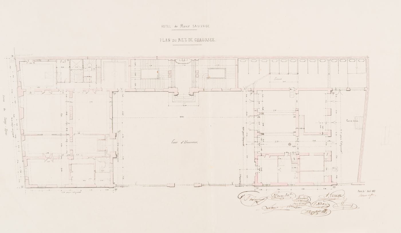 Ground floor plan, including the "cours d'honneur" for Hôtel Sauvage, Paris
