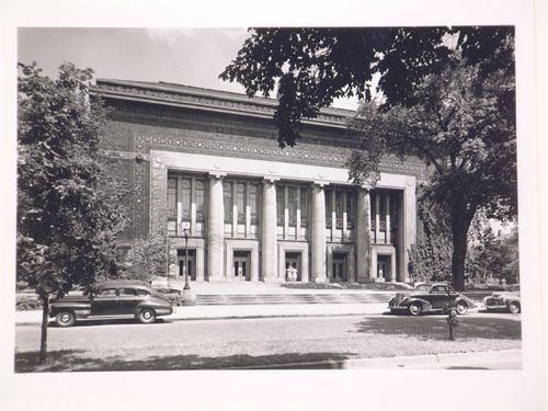 View of the principal façade of the Hill Auditorium, 825 North University Avenue, University of Michigan, Ann Arbor, Michigan