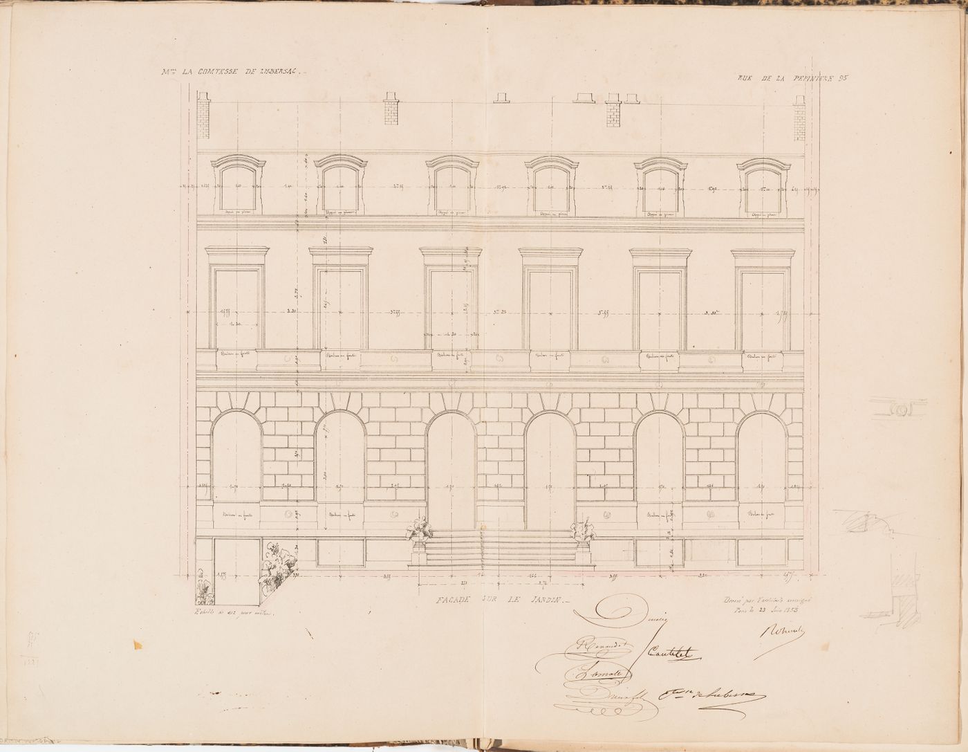 Contract drawings for a house for Madame la comtesse de Lubersac, 95 rue de la Pépinière, Paris: Elevation for the garden façade