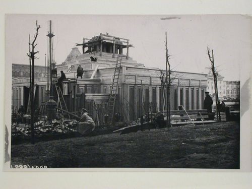 View of the lateral façade of the second wooden Lenin Mausoleum during the latter stages of construction, Red Square, Moscow