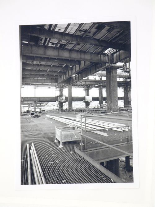 View of construction of steel structure for power station, from interior, United Kingdom