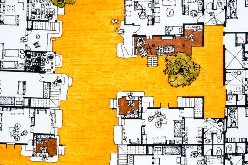 Plan showing shared spaces for Aranya township in Indore, India, used for the Human Settlement Training Package "Package 2: Affordable Urban Design"