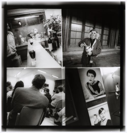 A photograph composed of four different photographs, from left to right, top to bottom, a view of a bar, a man with a mask, seated people from the back and a room with two posters, Milan, Italy