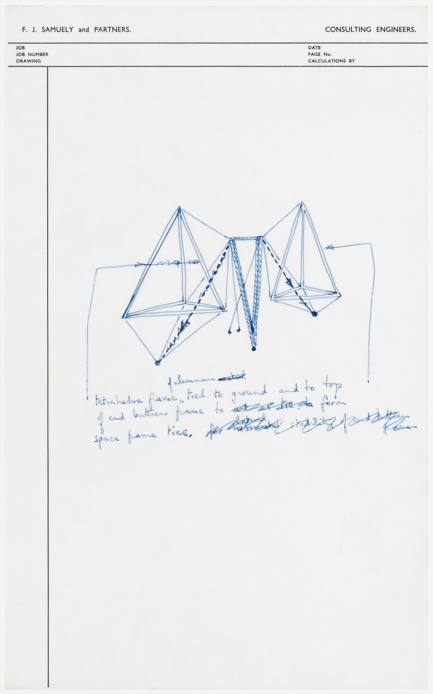 Technical sketch showing aluminum tetrahedra frame tied to ground and to top of end buttress to form space frame ties for the Aviary at the London Zoo, London, England