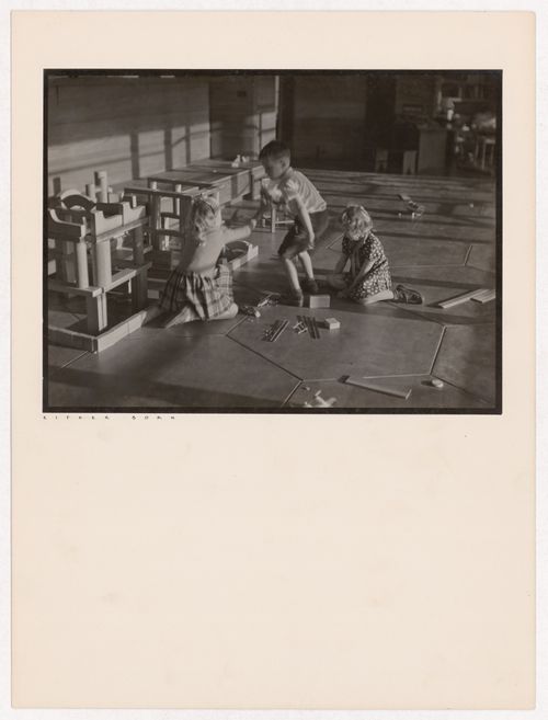 Children playing with a building set in the playroom of the Hanna House, Palo Alto, California, United States
